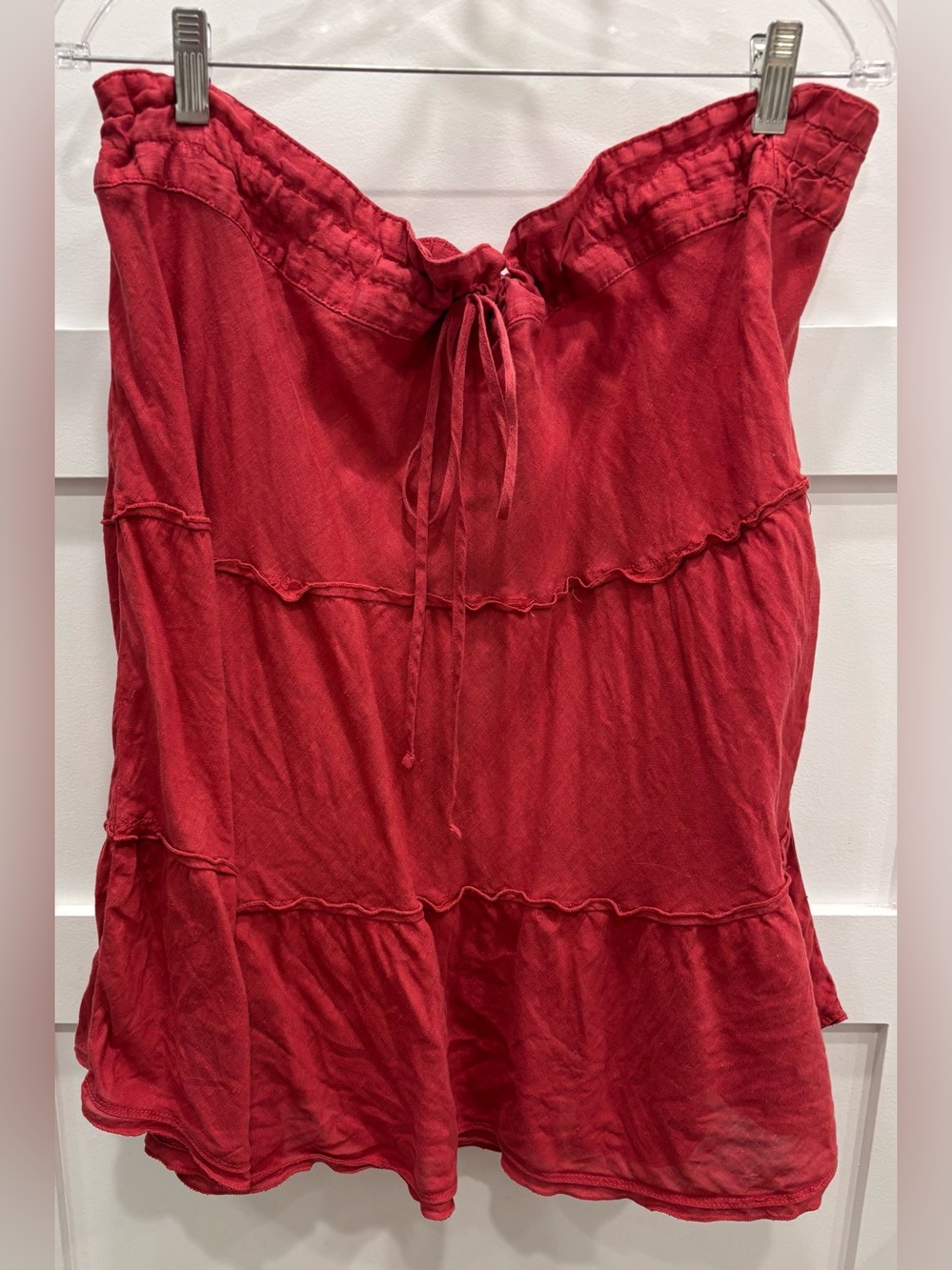 Caslon Red Tiered 100% Linen Midi Skirt with Drawstring Waist
